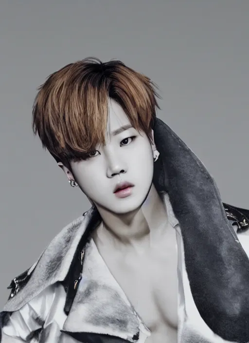 Image similar to jimin styled by nick knight posing, couture, vogue magazine, highly realistic. high resolution. highly detailed. dramatic. 8 k. 4 k.