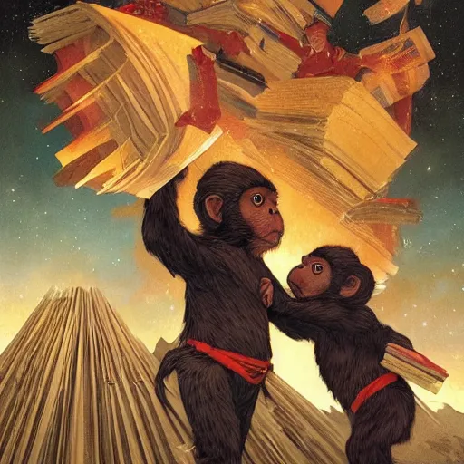 Image similar to [two monkeys throwing books in a bonfire, behind them space rockets are taking off. propaganda, closeup, D&D, intricate, elegant, highly detailed, digital painting, artstation, concept art, matte, sharp focus, illustration, art by Artgerm and Greg Rutkowski and Alphonse Mucha and Enki Bilal]