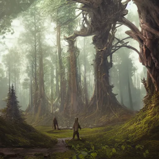 Prompt: a painting of a man standing in the middle of a forest, a detailed matte painting by slawomir maniak, deviantart contest winner, fantasy art, matte painting, cryengine, concept art