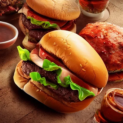 Image similar to delicious jumbo burgers, realistic, 8 k, extremely detailed, cgi, trending on artstation, hyper - realistic render, by greg rutkowski