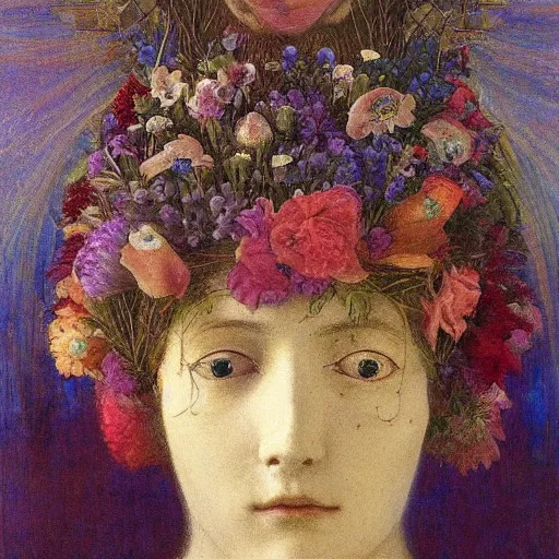 Image similar to masterpiece painting of a facemask made of flowers, by annie swynnerton and jean delville and tino rodriguez, flower mask, symbolist, dramatic lighting, god rays, elaborate geometric ornament, soft cool colors, smooth, sharp focus, extremely detailed