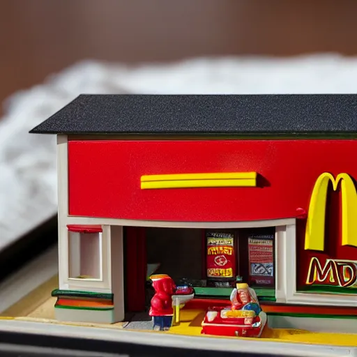 Prompt: macro photography of ho scale miniature mcdonalds happy meal box