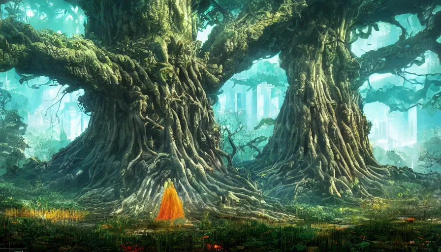 Image similar to ben lo illustration of the largest tree in the world under force field, bioshock concept art, solarpunk, hopeful, colorful, unreal engine, hyper realism, realistic shading, cinematic composition, realistic render, octane render, detailed textures, photorealistic, wide shot