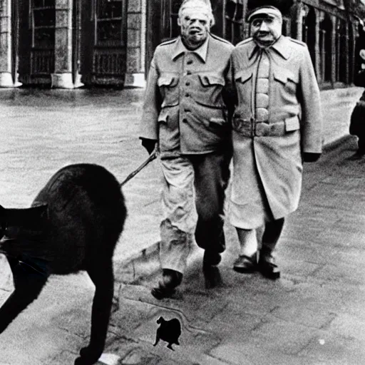 Prompt: Communist Cat, walking with Stalin,