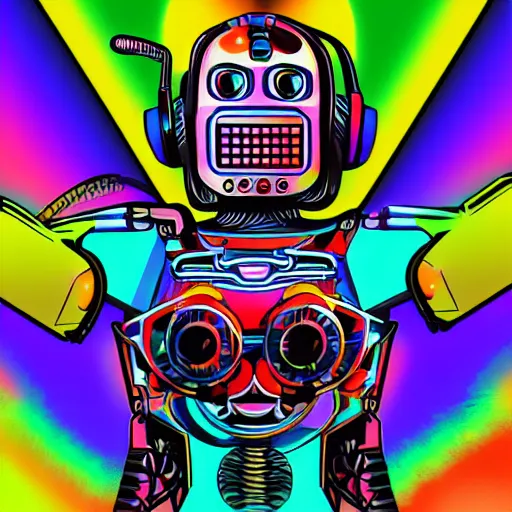 Image similar to artgerm, psychedelic laughing cybertronic robot, rocking out, headphones dj rave, digital artwork, r. crumb, svg vector