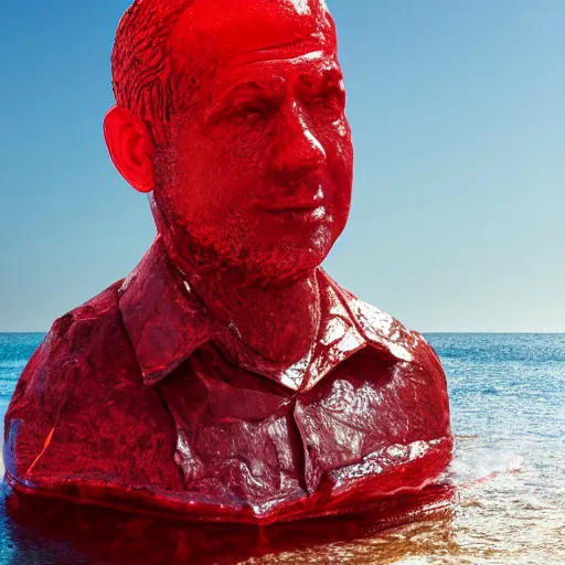 Prompt: a giant human head sculpture in the sea made out of juicy and transparent red jelly, looking like benjamin netanyahu, long shot, hyper detailed, hyper realistic, ray tracing, 8 k resolution, sharp focus, realistic water, award winning
