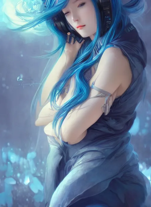 Image similar to stunningly beautiful female blue hair, dj sura face, fantasy art, dark light night, sharp focus, digital painting, 8 k, concept art, art by wlop, artgerm, greg rutkowski and alphonse mucha