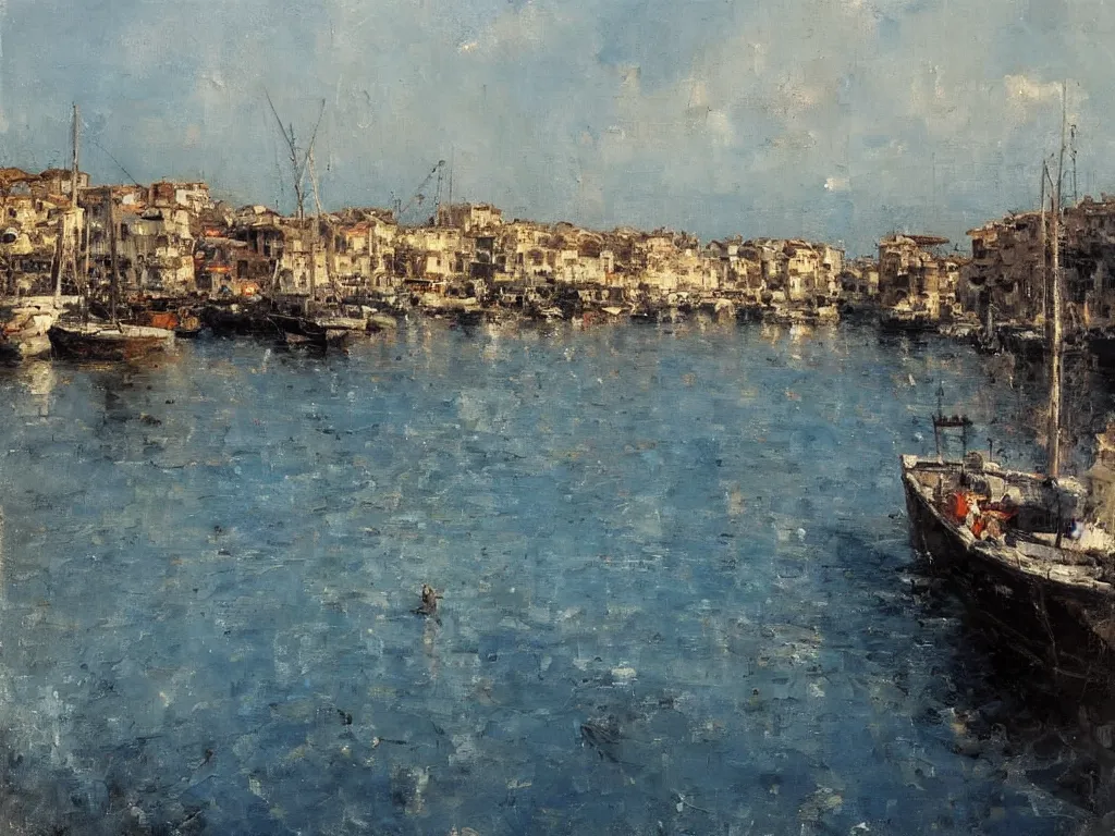 Prompt: a detailed, precise oil painting of a beautiful Mediterranean fishing village by Jeremy Mann,