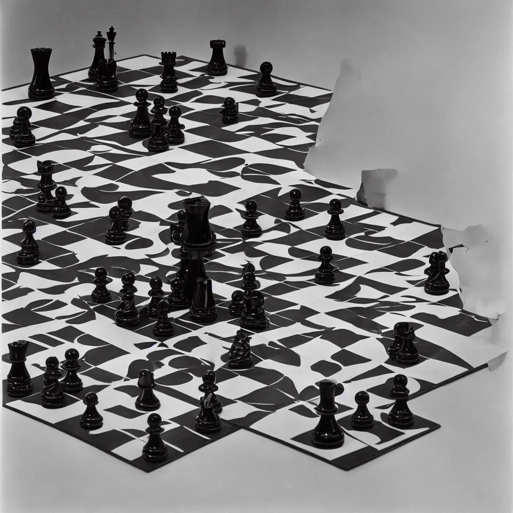 Image similar to A chessboard connected to a machine in a vast white room, Marcel Duchamp, Irving Penn, cyberpunk, 1919