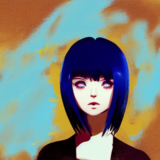 Prompt: ilya kuvshinov with long sky blue hair, gold eyes, amber eyes, boyish face, professional digital painting, wild brush strokes, concept art, award - winning photography, cinematic, black background, black shirt, crazy, yandere, wlop, color block, pop, hip, art by andy warhol, pixiv art, yoshitaka amano