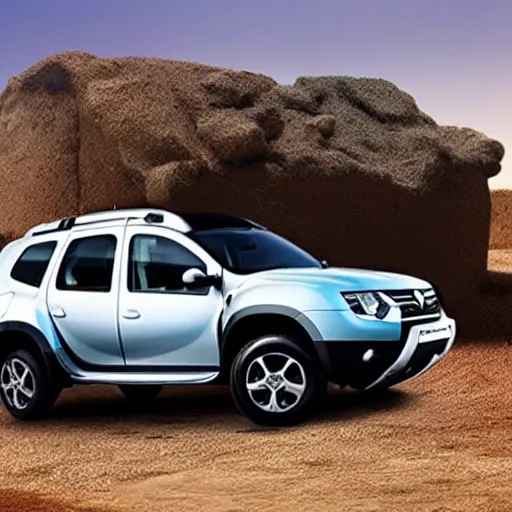 Image similar to Renault duster with tank turret instead of roof, hot desert