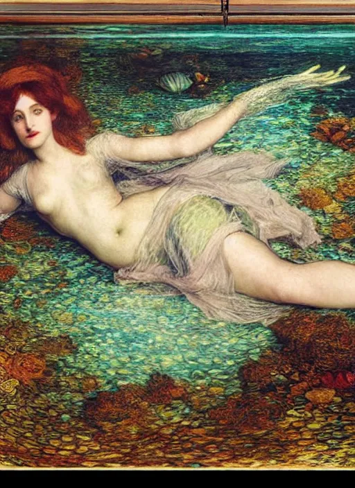 Prompt: lady laying under the sea on the seabed amongst the weeds, underwater shot, submerged, medium shot, on the bed of the river preraphaelite colour photography by william holman hunt, 8 k