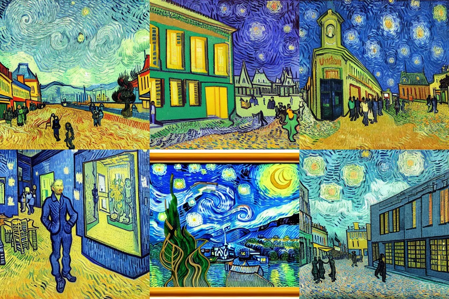 Prompt: Artwork of a building and humanoid figures, unique works by Vincent van Gogh,