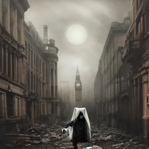 Prompt: ominous bedsheet ghost with cutout eyeholes walking through the center of a destroyed london city, oil painting, gloomy misty atmosphere, symmetrical, full body image, highly ornate intricate details, very sharp photo,