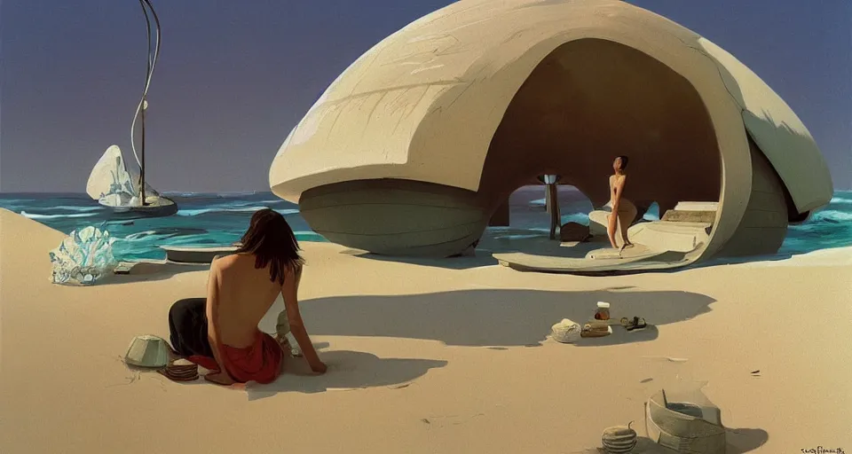 Prompt: a hermit girl outside her seashell home, atmospheric cinematography by syd mead