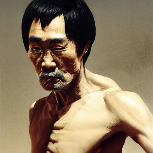 Image similar to UHD tonalism painting of elderly, old Bruce Lee, by Antonio Caparo and Ferdinand Knab and Greg Rutkowski, UHD, photorealistic, trending on artstation, trending on deviantart