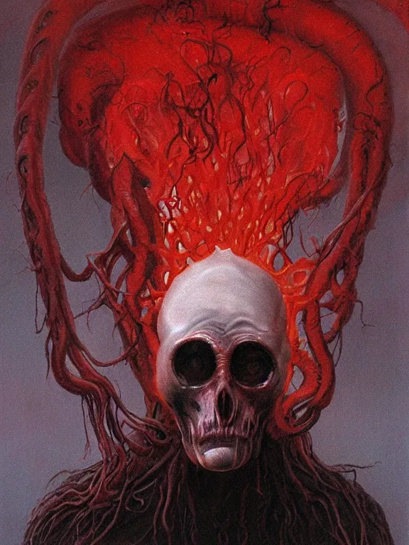 Image similar to painting by wayne barlowe of a flying sorrowful looking severed human head with tears running down it's eyes, face that is chalk white in color, with long sprawling white tentacles stemming down it's neck, fiery scorching red eyes, flying in a terrying hellish dark cavernous place