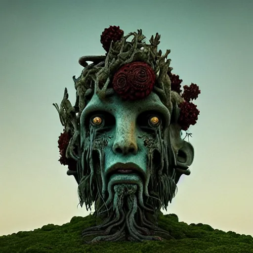 Prompt: ancient dead god being in desolate and lush landscape, moody :: by James Jean, Jeff Koons, Dan McPharlin Daniel Merrian :: ornate, dynamic, particulate, rich colors, intricate, elegant, highly detailed, centered, artstation, smooth, sharp focus, octane render, 3d