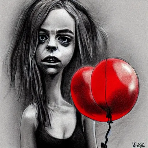 Image similar to surrealism grunge cartoon portrait sketch of billie eilish with a wide smile and a red balloon by - michael karcz, loony toons style, pennywise style, horror style, detailed, elegant, intricate