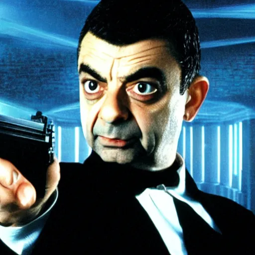 Prompt: film still of Rowan Atkinson in Matrix