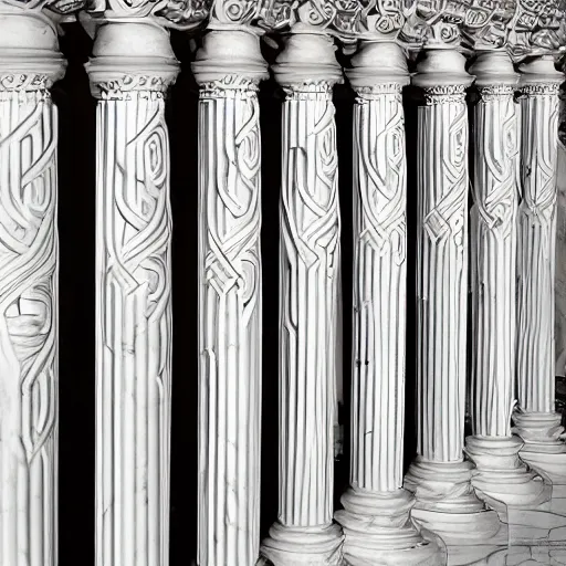 Image similar to interior of a white marble labyrinth in ornate renaissance style carving. symmetry columns, architectural photograph, sharp focus