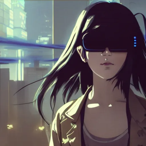 Image similar to a film still of a japanese cyberpunk girl with a smirk, finely detailed features, aviators, closeup at the faces, dramatic cinematic, at cyberpunk city, ghost in the shell, trending on pixiv fanbox, painted by greg rutkowski makoto shinkai takashi takeuchi craig mullins, alphonse mucha, studio ghibli, pixiv