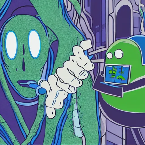 Image similar to blue robot ghost wearing a letterman jacket and genie pants, v mouth, cow lick hair practicing magic in a green slime filled city realistic art wide angle view realistic high detail