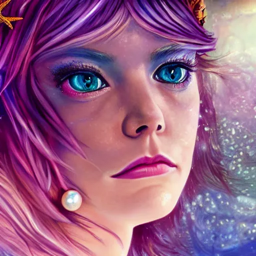 Prompt: emma stone portrait, fantasy, mermaid, hyperrealistic, game character, underwater, highly detailed, sharp focus, cinematic lighting, pearls, glowing hair, shells, gills, crown, water, highlights, starfish, jewelry, realistic, digital art, pastel, magic, fiction, ocean, king, colorful hair, sparkly eyes, fish, heroic, god, waves, bubbles