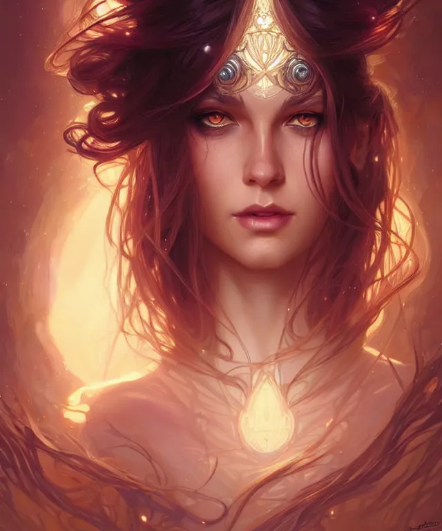 Image similar to fantasy magic woman portrait, sci-fi, amber eyes, face, long hair, fantasy, intricate, elegant, highly detailed, digital painting, artstation, concept art, smooth, sharp focus, illustration, art by artgerm and greg rutkowski and alphonse mucha