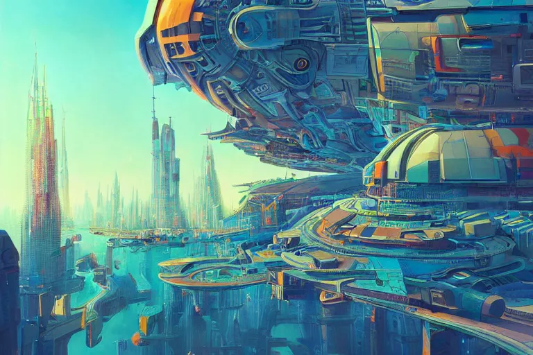 Image similar to futuristic city, illustration painting, intricate, detailed illustration, hd, digital art, overdetailed art, concept art, complementing colors, detailed, illustration painting by leonardo da vinci, digital art, overdetailed art, concept art, complementing colors rendered by beeple, syd meade,