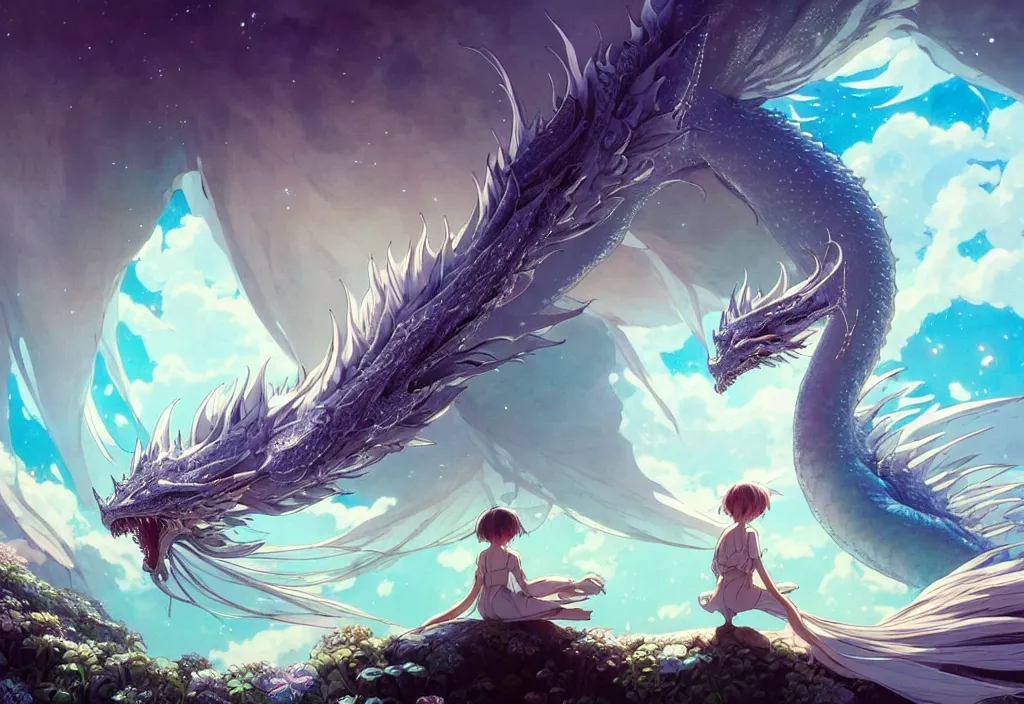 Image similar to the beautiful hyper detailed scene render that a lonely single beautiful girl lies in the arms of a huge silver dragon alone in the fairyland surrounded by white clouds, in the style of makoto shinkai victo ngai and peter mohrbacher studio ghibli artgerm karol bak beeple, cinematic, absolutely beautiful, ultra wide angle, animation style, 8 k hd