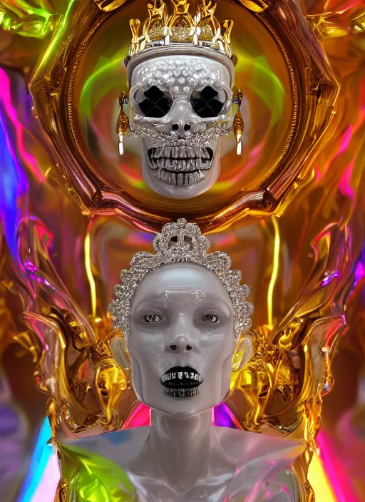 Image similar to photo of baroque and bladerunner delicate neon diamond sculpture of seductive ceramic albino king kit butler dotado creamy orange iridescent humanoid deity wearing white fluffy hoody holding diamond skull in a black metallic dungeon, reclining, glowing rainbow face, crown of white diamonds, cinematic lighting, photorealistic, octane render 8 k depth of field 3 d