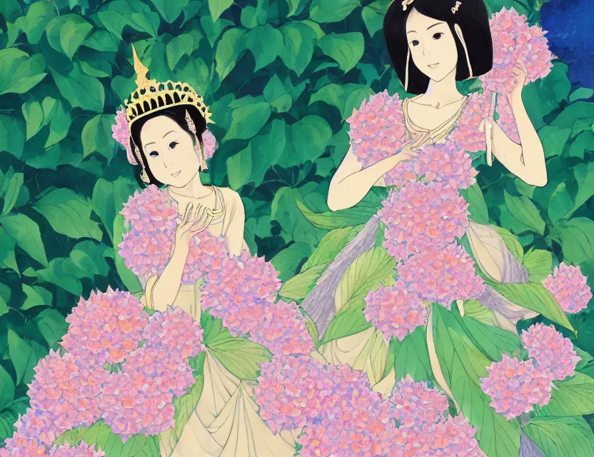 Prompt: southeast asian princess of the hydrangea mountains, wearing a lovely dress. this gouache painting by the award - winning mangaka has an interesting color scheme, plenty of details and impeccable lighting.