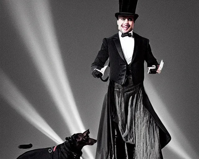 Prompt: a greyhound wearing a black cloak and a top hat, under a spotlight, magician dog performing on stage, dapper greyhound