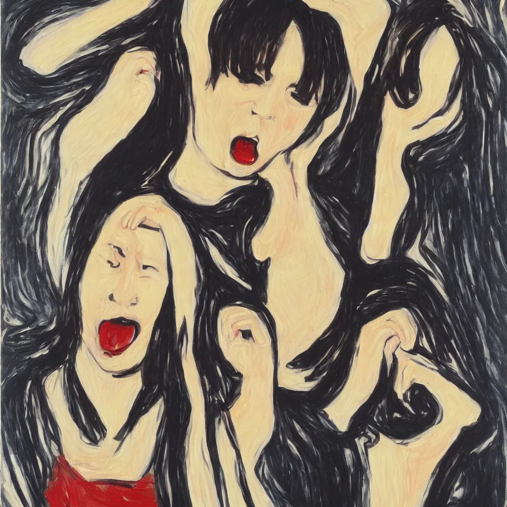 Image similar to an oil painting of yui hirasawa with the style of the scream by edvard munch