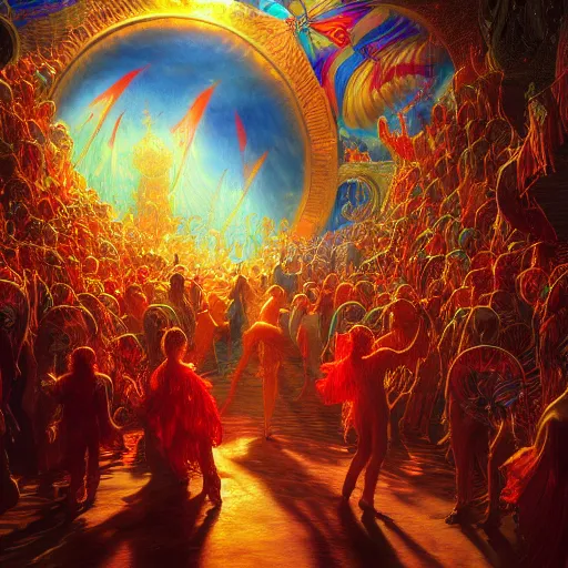 Image similar to Photorealistic Dream Carnival in the style of Michael Whelan and Gustave Dore. Hyperdetailed photorealism, 108 megapixels, amazing depth, glowing rich colors, powerful imagery, psychedelic Overtones, 3D finalrender, 3d shading, cinematic lighting, artstation concept art