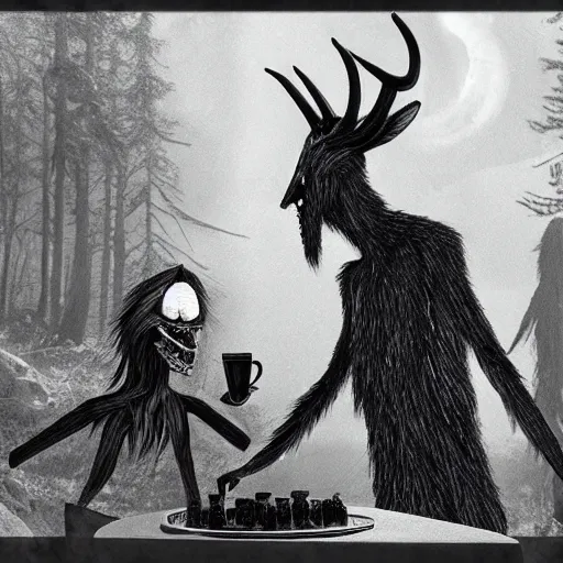 Prompt: a photograph of a Wendigo having a tea party