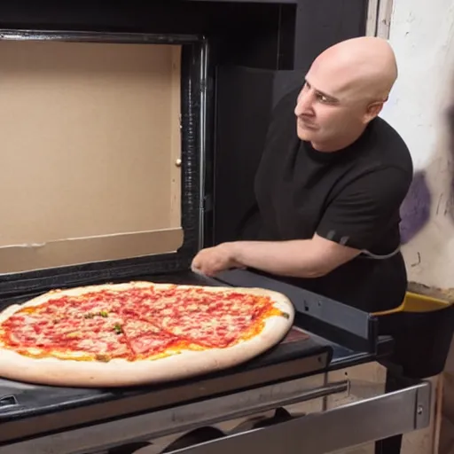 Image similar to a bald black is putting a pizza in the oven while the restaurant owner is yelling at him, security camera footage, high definition