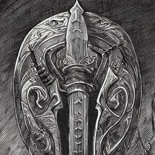 Prompt: demonic greatsword, engravings, dark aura, black steel, intricate, high detail, concept art, masterpiece