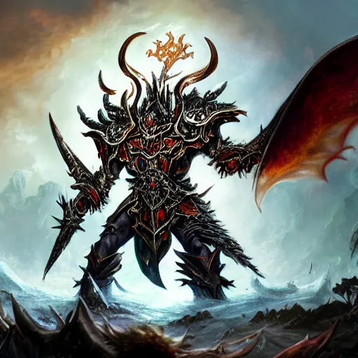 Image similar to archaon the everchosen, dungeons and dragons, d&d, artstation hall of fame gallery, #1 digital painting of all time, most beautiful image ever created, emotionally evocative, greatest art ever made, amazing breathtaking image