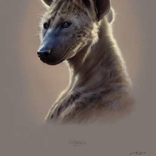 Image similar to portrait of a hyena girl, furry body, large ears, intricate, elegant, highly detailed, digital painting, artstation, concept art, smooth, sharp focus, illustration, art by artgerm and greg rutkowski and alphonse mucha and william - adolphe bouguereau