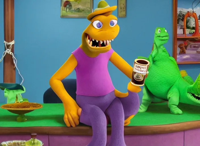 Image similar to retired barney, sitting in a lounge, sipping whiskey and smoking a cigar in the new barney the dinosaur show, 4 k