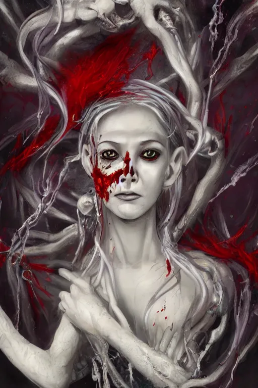 Image similar to A girl with a marble face, flowing silver-violet hair, stands with her arms spread out against the background of a blood-purple cloud, red streams flow through her body, skulls and bones of hands crawl out of the ground, dark red drops fly around, Anachronism, painting, dark fantasy, steampunk, 4k