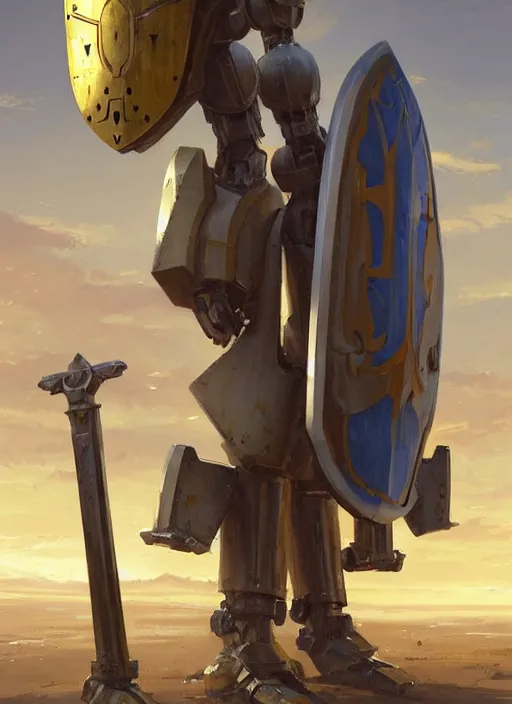 Image similar to tall strong yellow pit droid holding large paladin medieval shield!!! and a long medieval engraved powerful great sword, pancake short large head painterly humanoid mecha, beautiful fantasy background by Greg Rutkowski