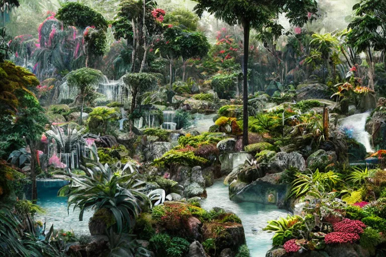 Image similar to brutalist white Aztec structures, manicured garden of eden, vivid pools and streams, tropical foliage, bromeliads, azaleas, Japanese maples, birds, sculpture gardens, Winter, by Jessica Rossier and Brian Froud