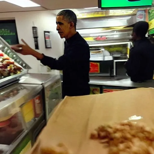 Prompt: “Barack Obama working at Subway, dealing with Karens”