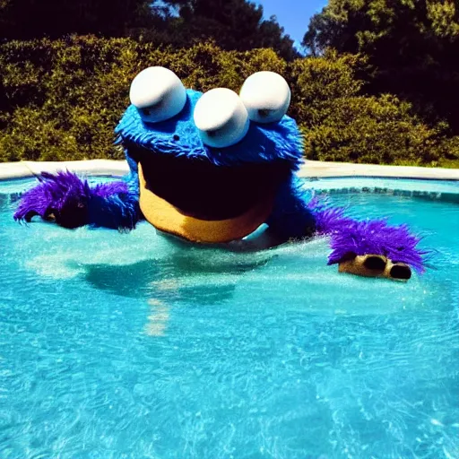 Prompt: cookie monster swimming in a pool