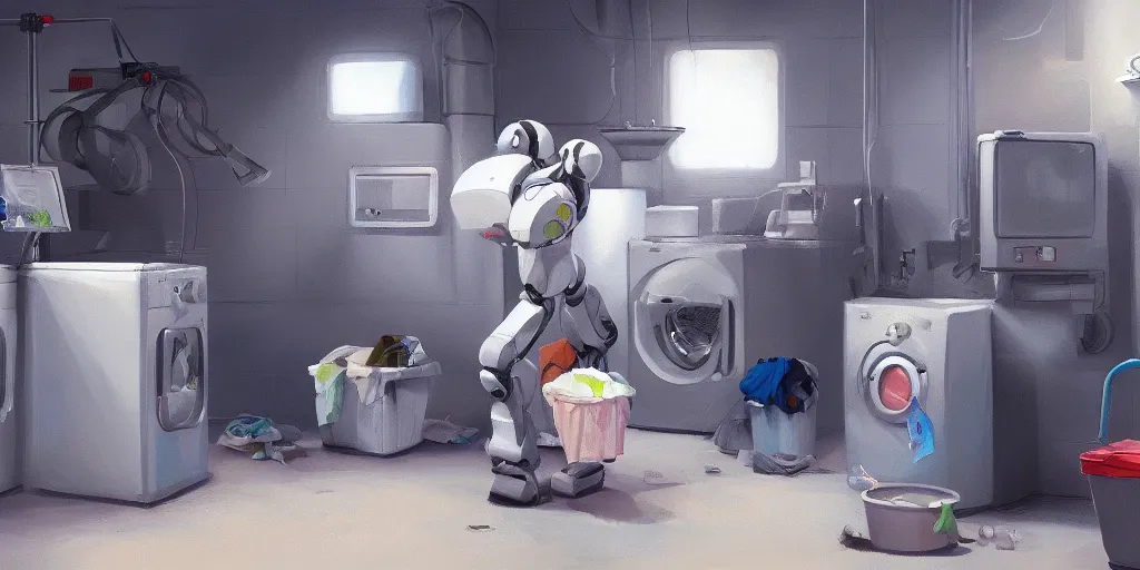 Image similar to detailed painting of a robot doing laundry, artstation