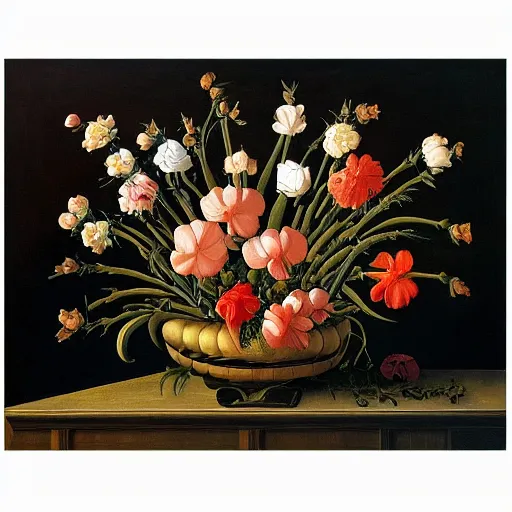 Image similar to oil painting of many various flowers on a dark background, painted by Sandro Botticelli, the flowers are floating and are seen from the side, dark atmosphere, realistic flowers oil painting