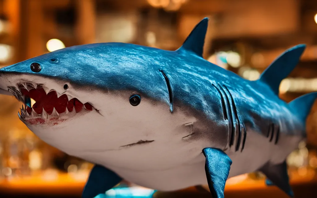 Prompt: Stuffed shark ordering a beer at a bar, plush toy, fish, dim lighting, 50mm, depth of field